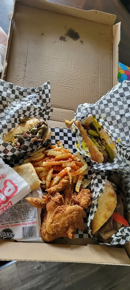 Gyro Beef Pizza Puff Fries Wings and Maxwell Polish